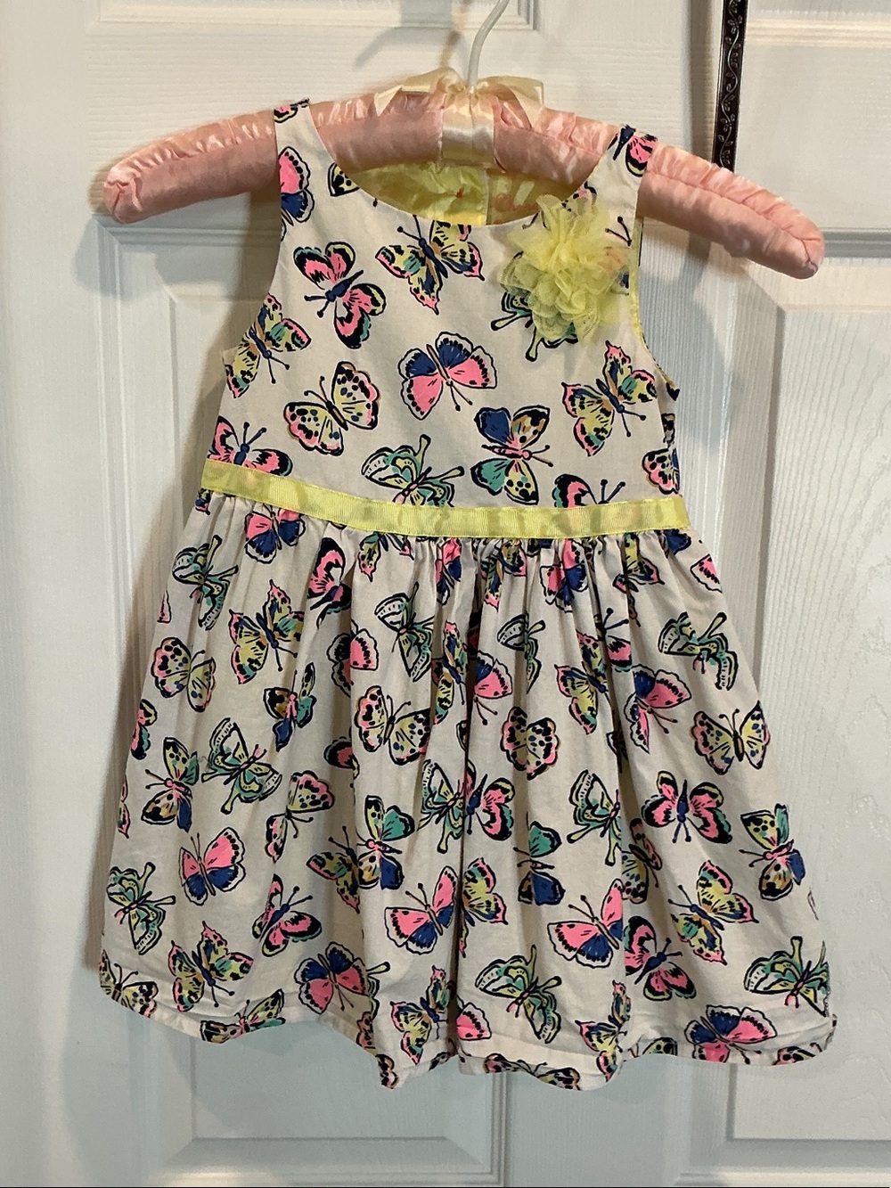 Cherokee Girls White Butterfly Print Dress with Yellow Trim